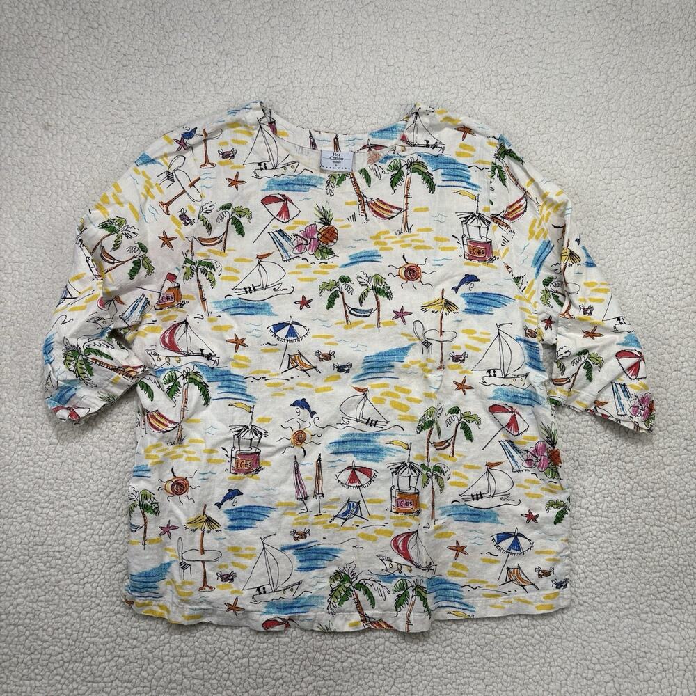 Hot Cotton by Marc Ware 100% Linen Shirt Beach Theme Boxy Tropical Print Top